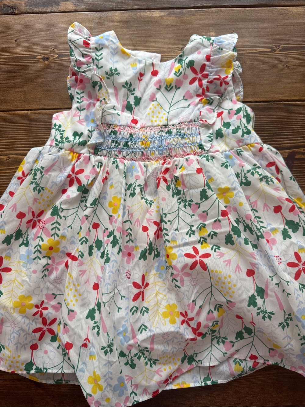 Rare Editions White Floral Smocked Dress with Red, Yellow, Green & Pink